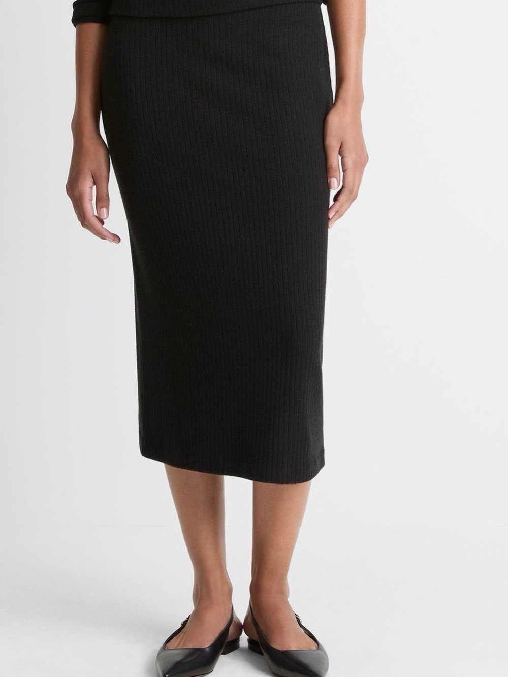 Vince Black Ribbed Knit Midi Pencil Skirt S Stretch Elastic Waist
